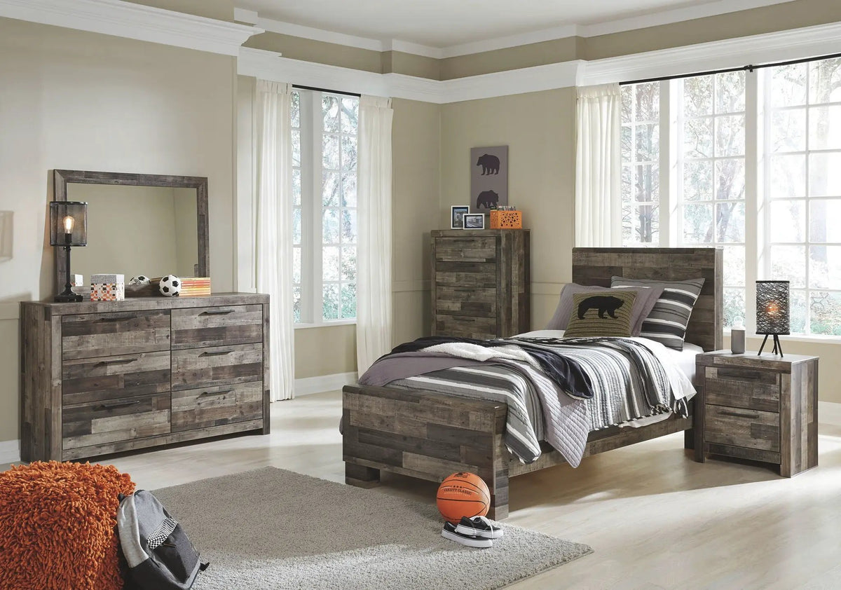Derekson Youth Panel Bedroom Set | 4-Piece | Rustic Butcher Block Finish | Replicated Pine Grain