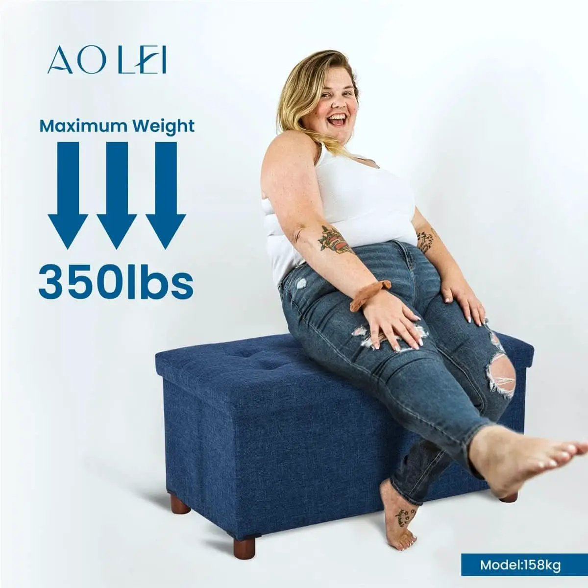 Blue Linen 30-Inch Storage Ottoman Bench Removable Lid from PriceLows™