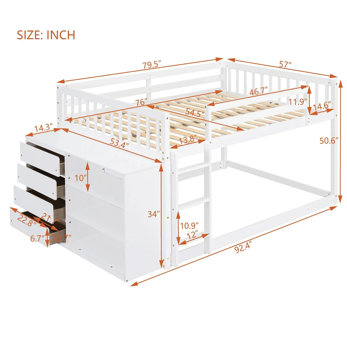 Bunk Bed | Solid Pine Frame | Four Drawers And Three Shelves | Full Size