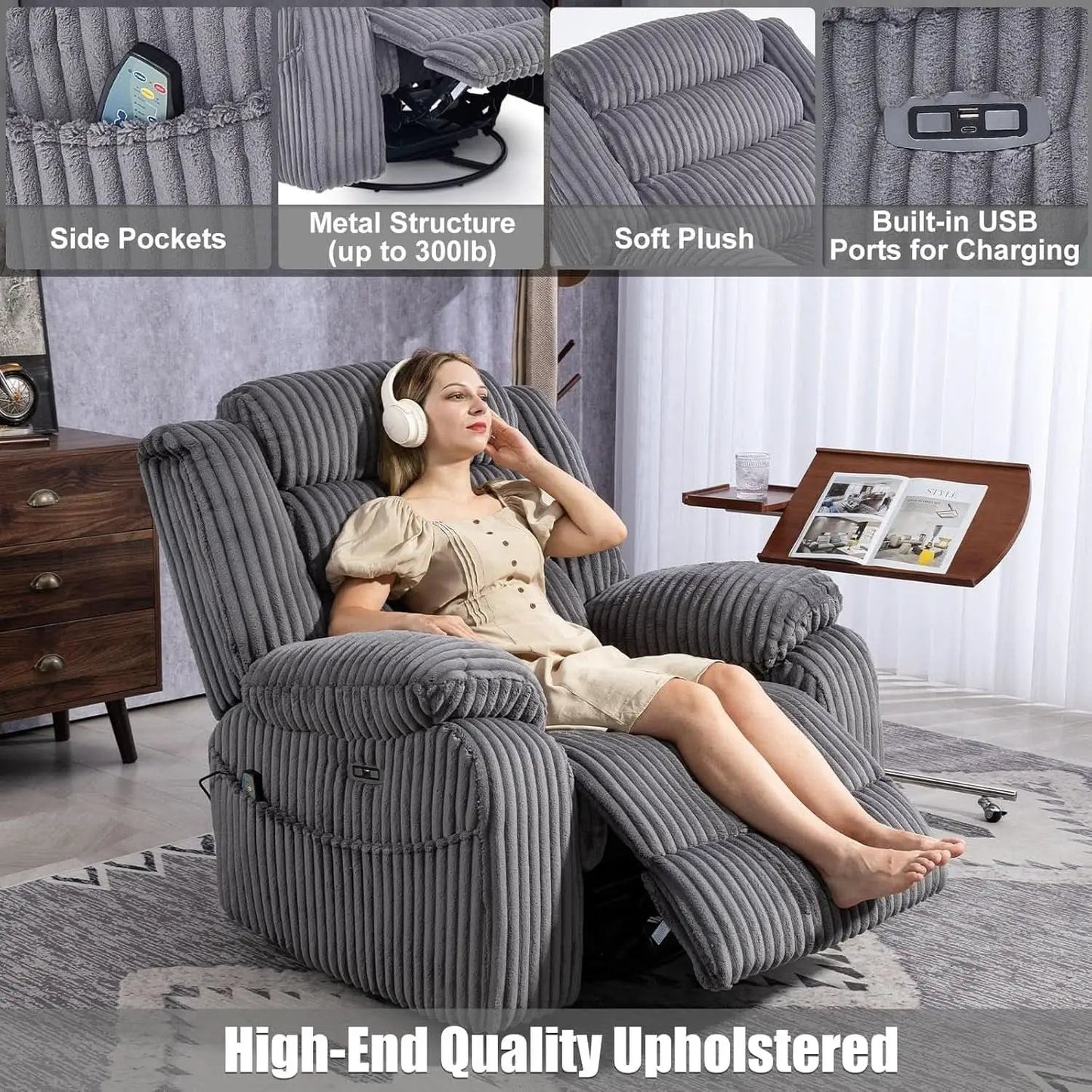 Grey Heated Massage Power Recliner With USB Port Charging from PriceLows™