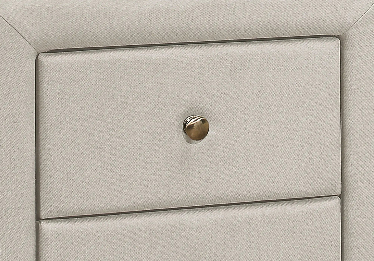 Upholstered Nightstand | Transitional Style | Two Storage Drawers | Metal Drawer Knobs