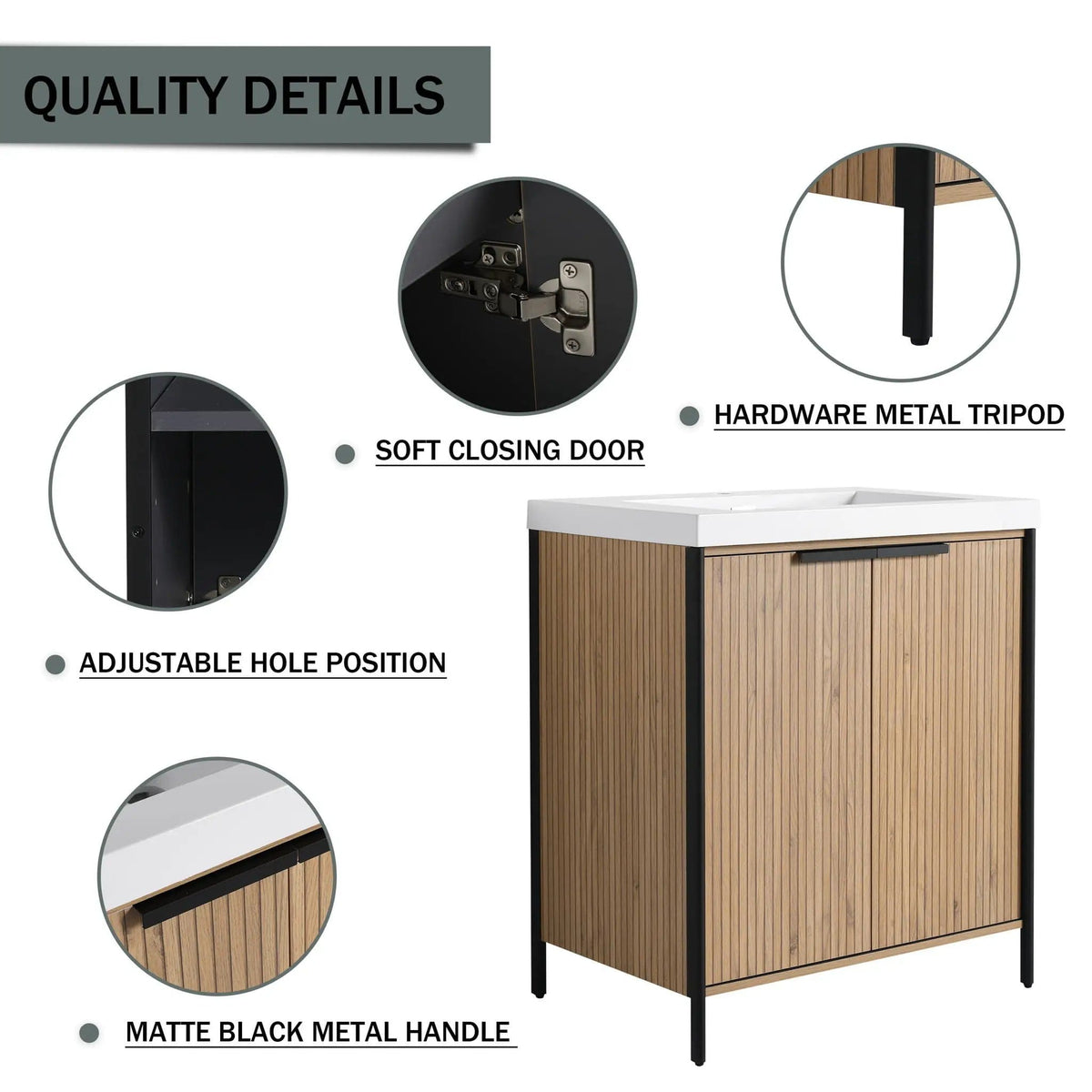 Modern Freestanding Bathroom Vanity With Resin Sink & Soft Close Cabinet Doors | 4 Pieces | Metal & Plywood | Bathroom