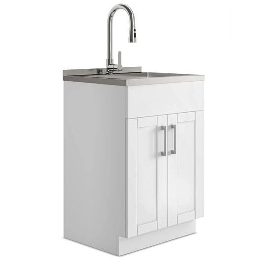 Shaker Modern Wide, Laundry Cabinet With Faucet And Stainless Steel Sink Vanity | 2 Pieces | Stainless Steel | Bathroom