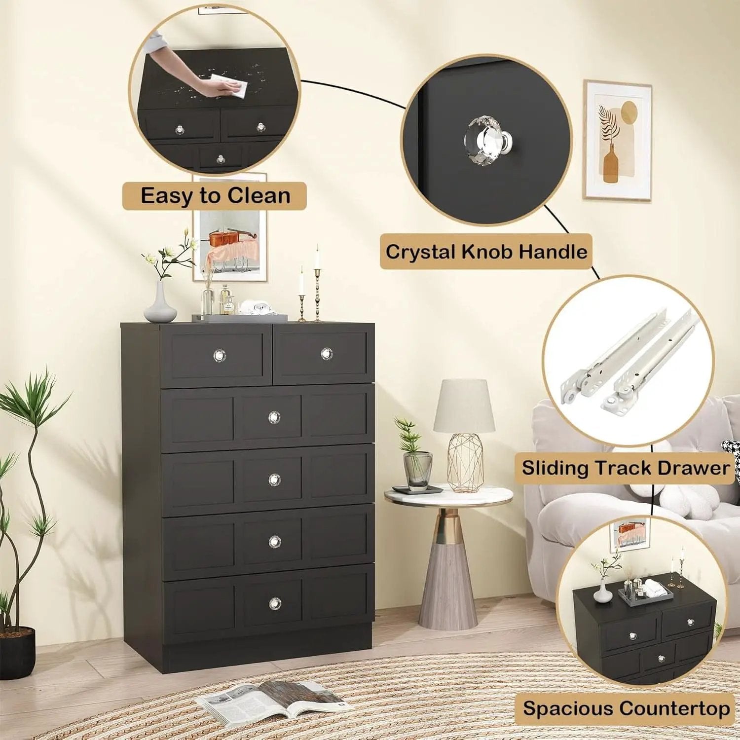 Black Fluted 24 Inch Dresser For Bedroom Storage Solutions from PriceLows™