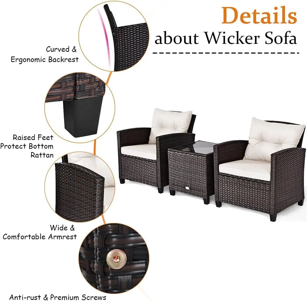3 Piece Patio Furniture Set White PE Rattan Wicker Outdoor Sofa Set With Washable Cushions And Tempered Glass Tabletop from PriceLows™