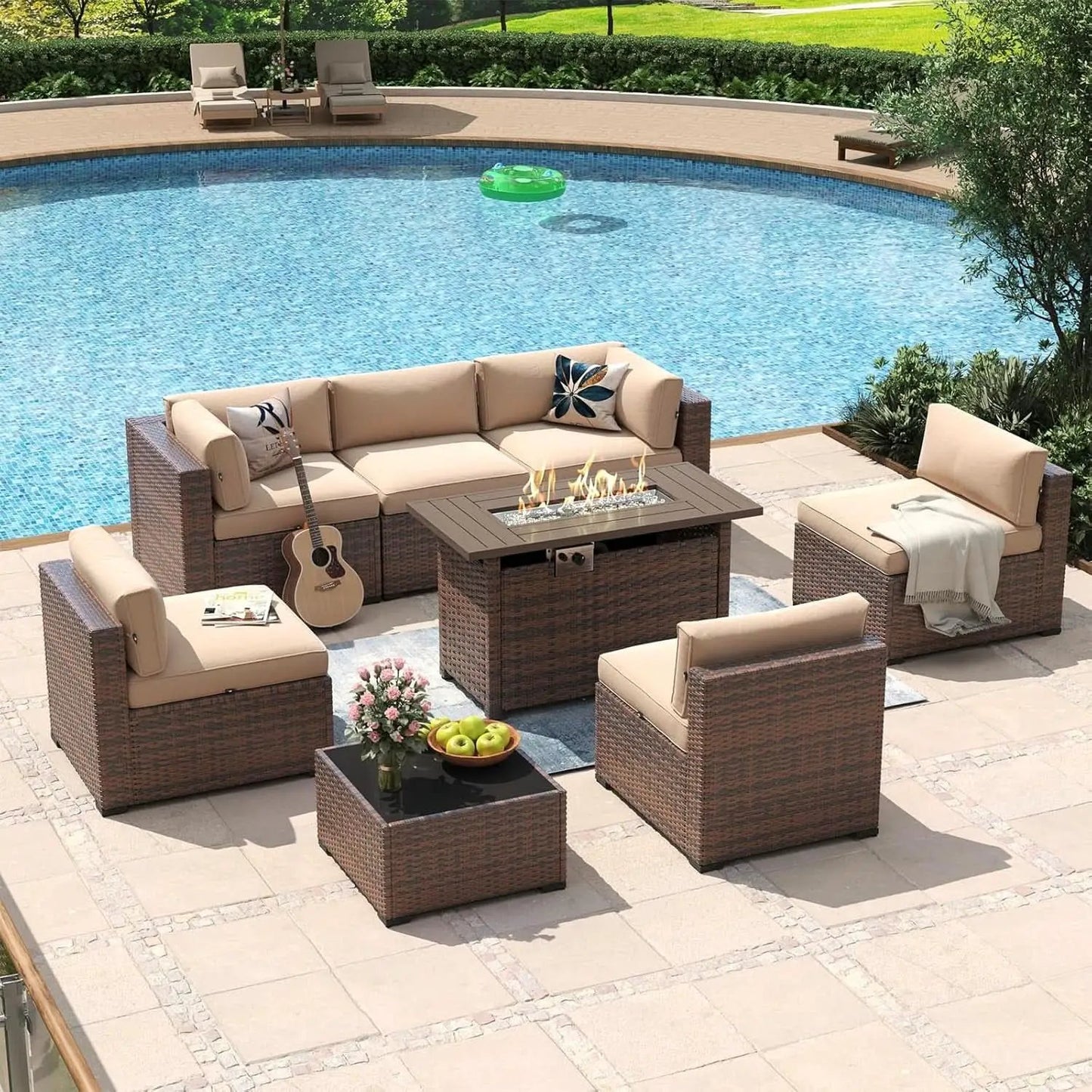 Eight Piece Outdoor Patio Furniture Set with Fire Pit from PriceLows™