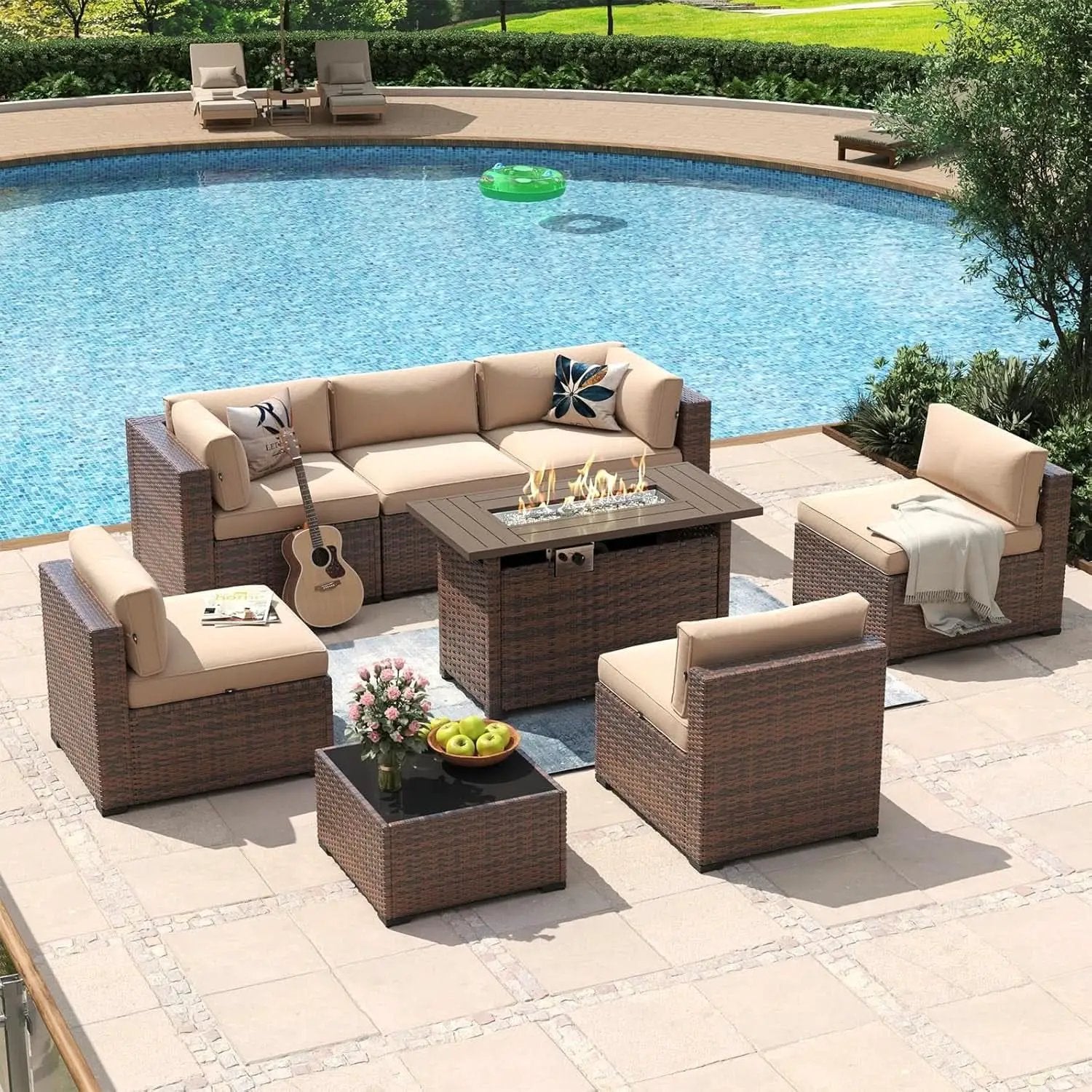 Eight Piece Outdoor Patio Furniture Set with Fire Pit from PriceLows™