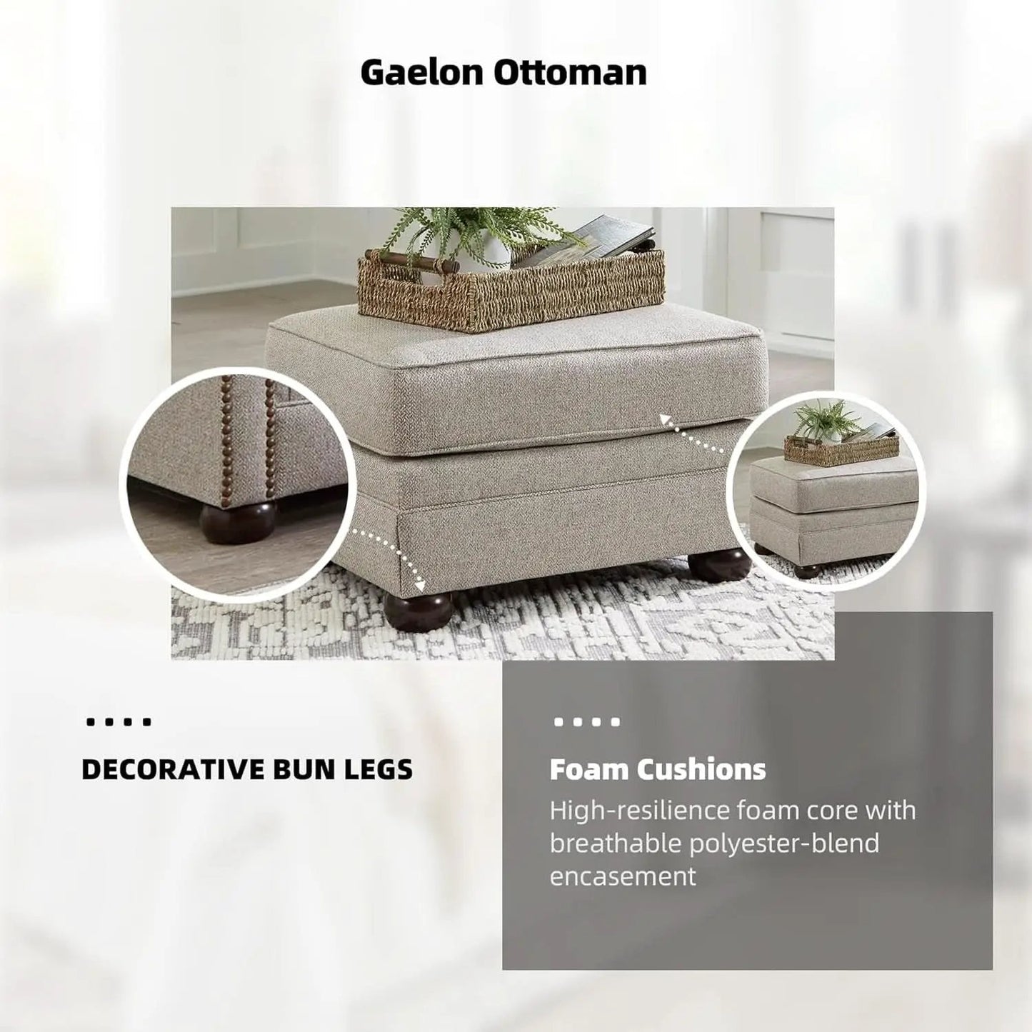 Rectangular Upholstered Ottoman Light Brown Bun Legs from PriceLows™