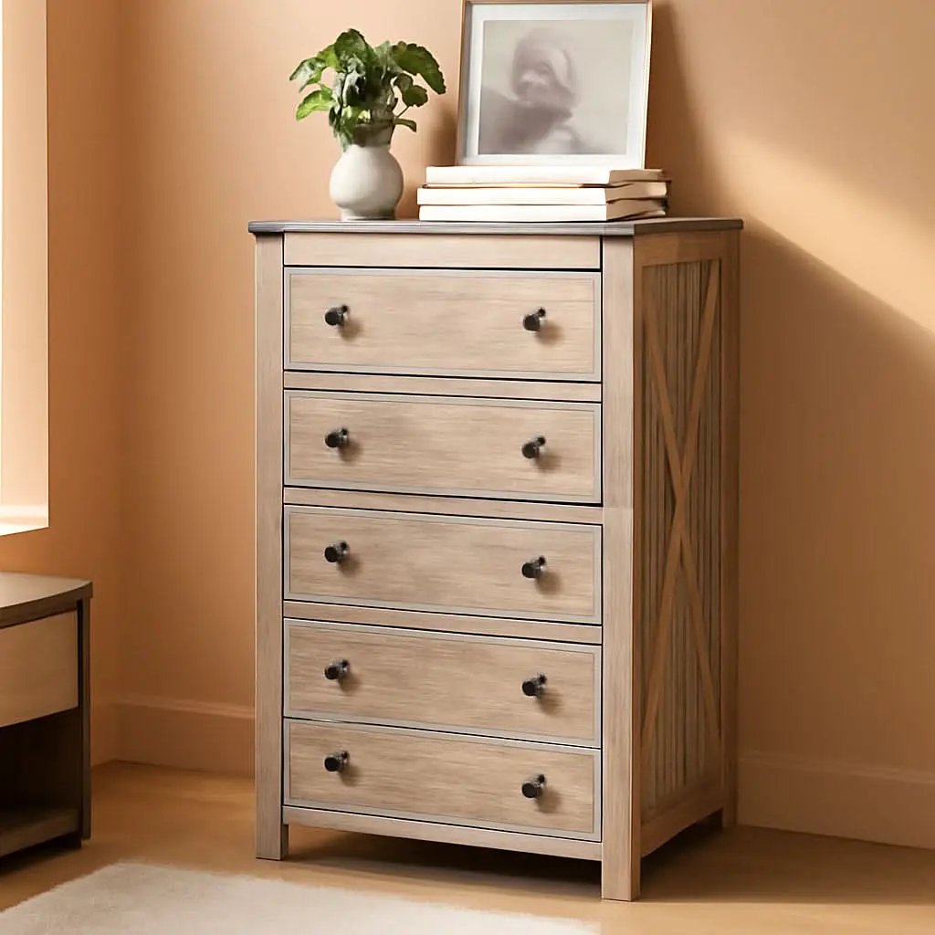 Rustic Oak Tall Dresser 5 Drawer Chest For Bedroom from PriceLows™