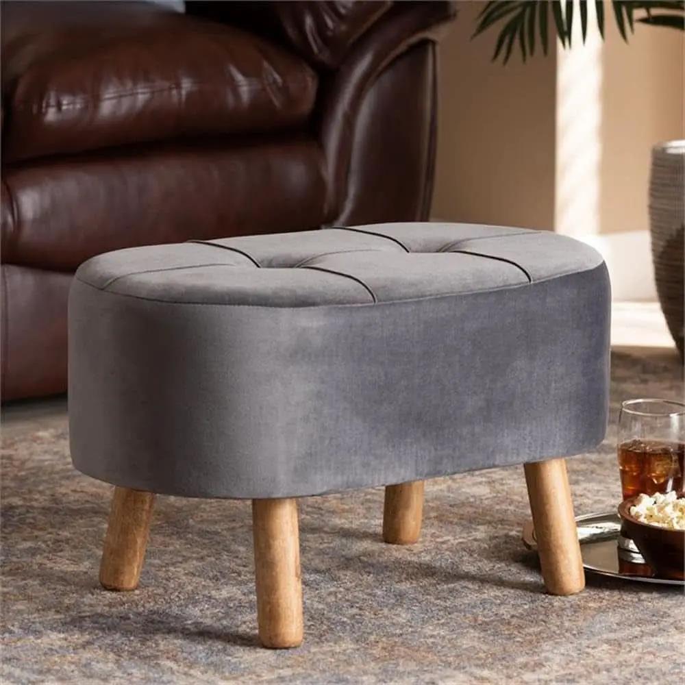 Greyish Velvety Upholstered Wood Ottoman Mid Century from PriceLows™