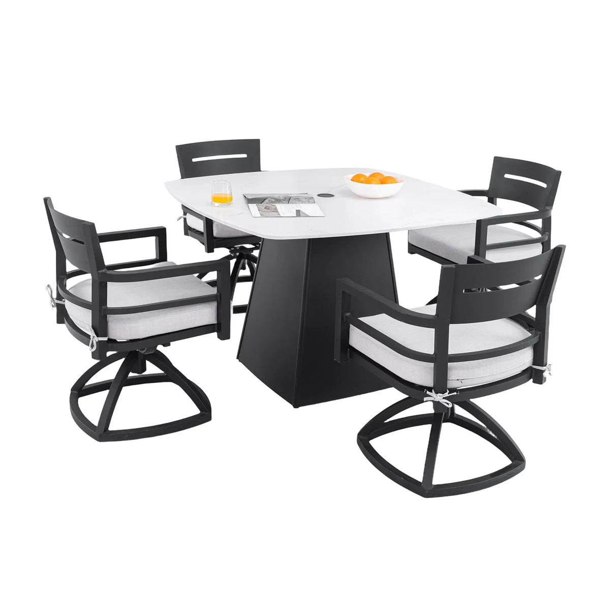 Outdoor Patio Dining Set | Squircle Sintered Stone Table | Sunbrella Cushion Chairs | Rust-Free Aluminum Frame