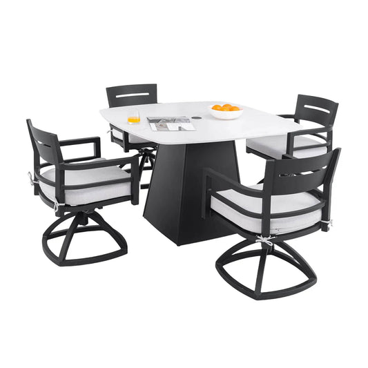 Outdoor Patio Dining Set | Squircle Sintered Stone Table | Sunbrella Cushion Chairs | Rust-Free Aluminum Frame