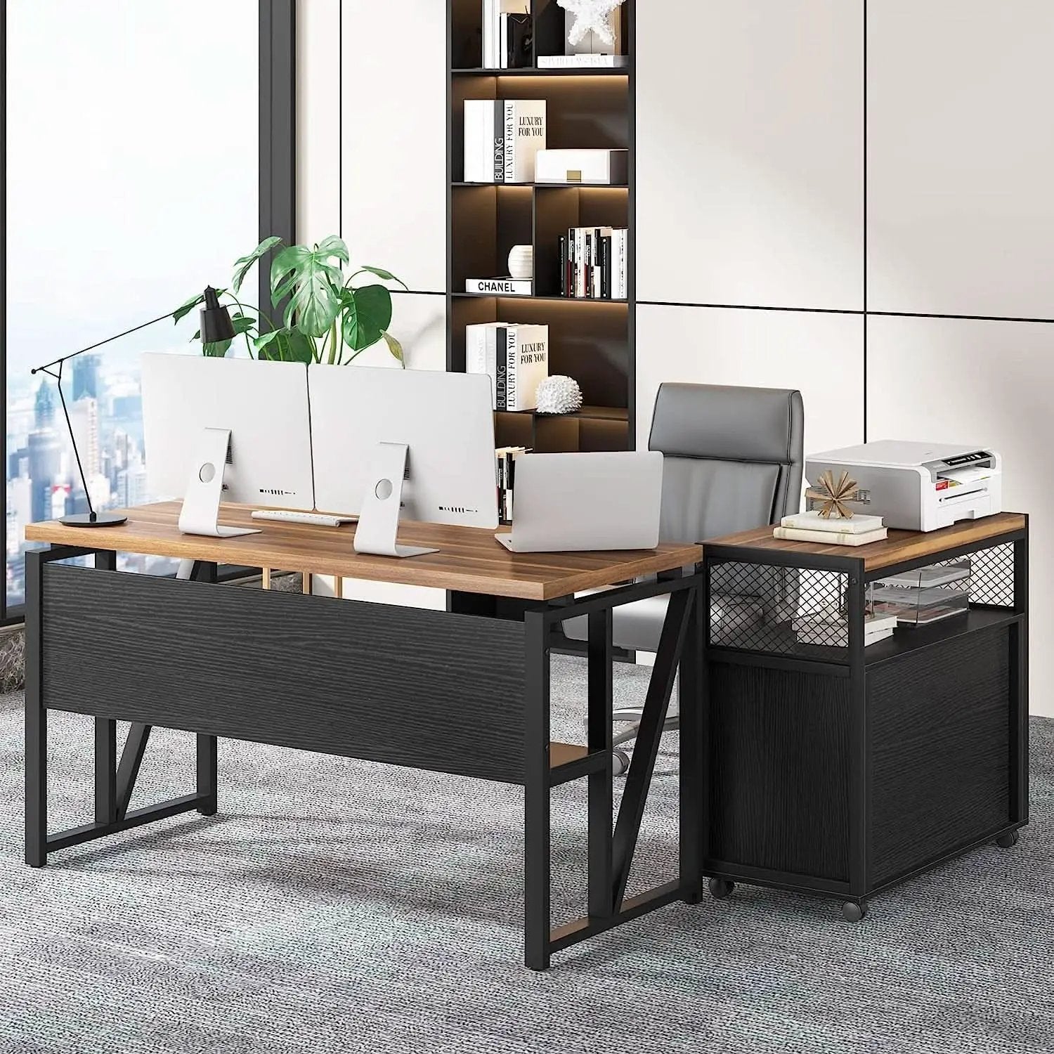 Rustic L Shaped Desk With Storage Cabinet On Wheels from PriceLows™