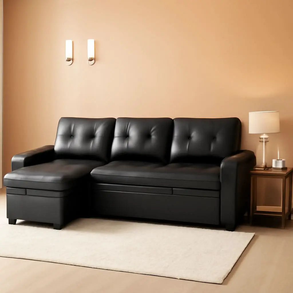 Sleeper Sectional Sofa Black Leather With Convertible Bed from PriceLows™