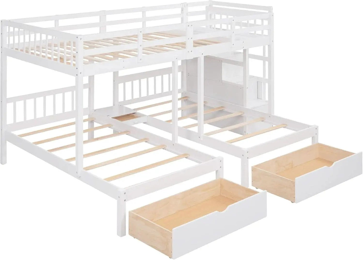 White Triple Bunk Bed With Storage Staircase Full Over Twin And Twin Bunk Bed from PriceLows™