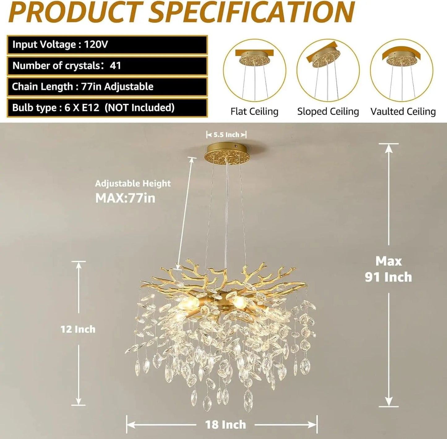 Gold Crystal Tree Branch Chandelier 18 Inch K9 Crystals from PriceLows™