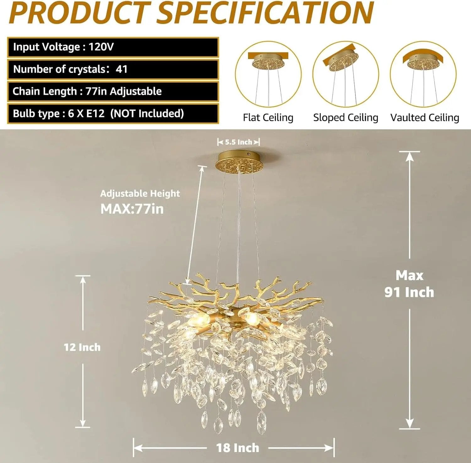 Gold Crystal Tree Branch Chandelier 18 Inch K9 Crystals from PriceLows™