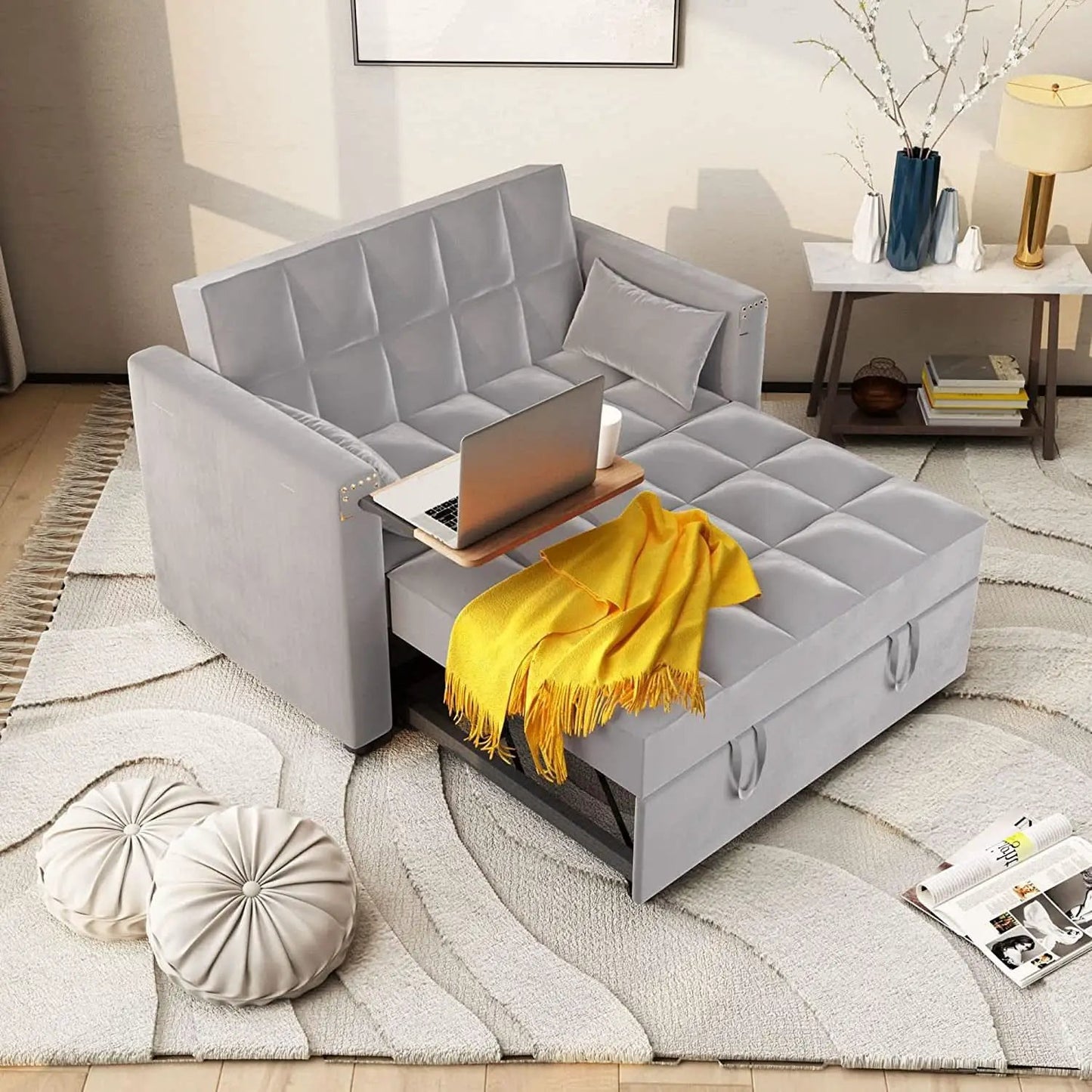 Sofa Bed With Hidden Table Velvet Fabric For Small Spaces from PriceLows™