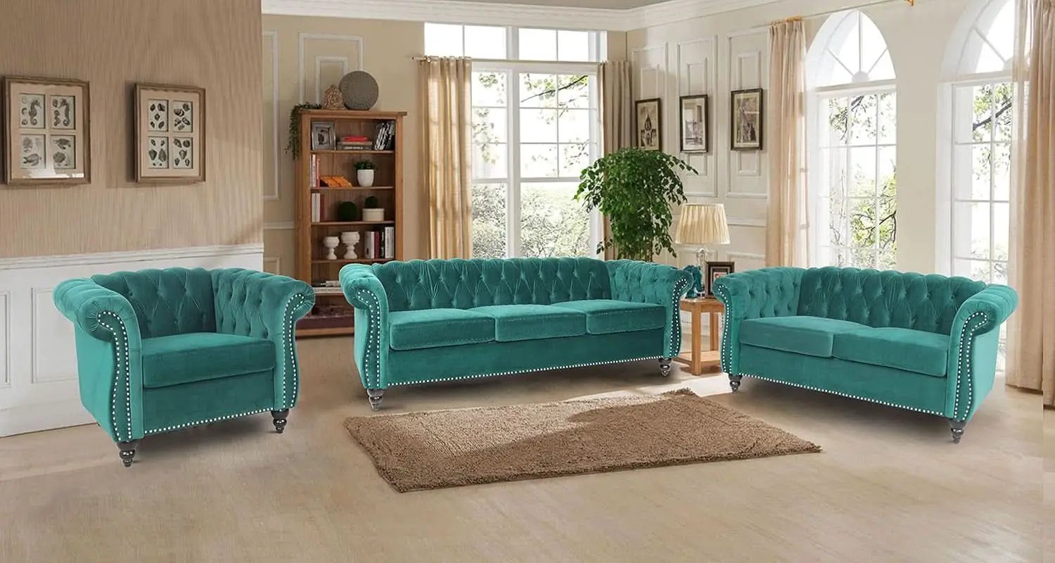 Green Velvet Chesterfield Living Room Set Including Sofa Loveseat and Club Chair from PriceLows™