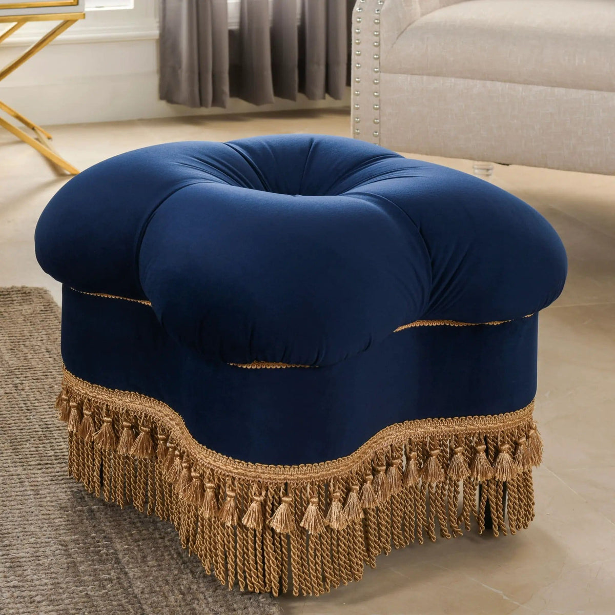 Ellen Upholstered Clover Ottoman With Gold Bullion Fringe | 20 x 20 x 17 in | Fabric & Plywood | Navy Blue