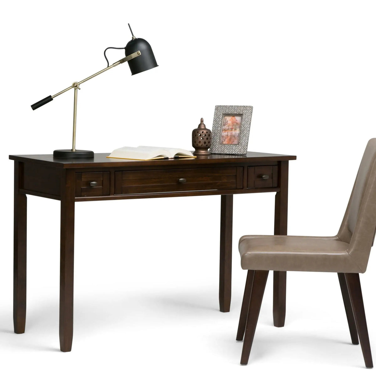 Warm Shaker Desk | Tobacco Brown Finish | Solid Wood Frame | Ergonomic Flip-Down Keyboard Tray