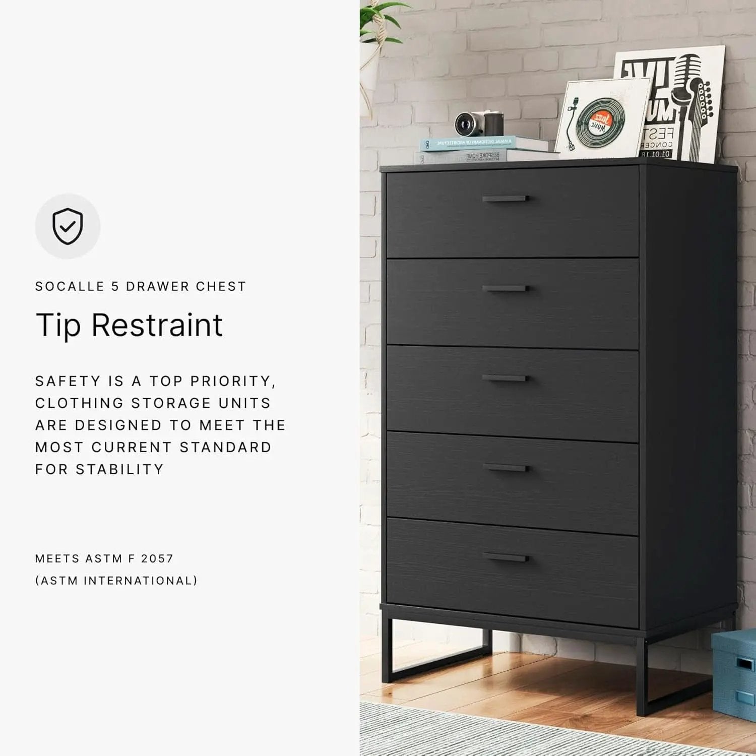 Modern 5-Drawer Chest with Safety Stop, Black Finish for Bedroom from PriceLows™