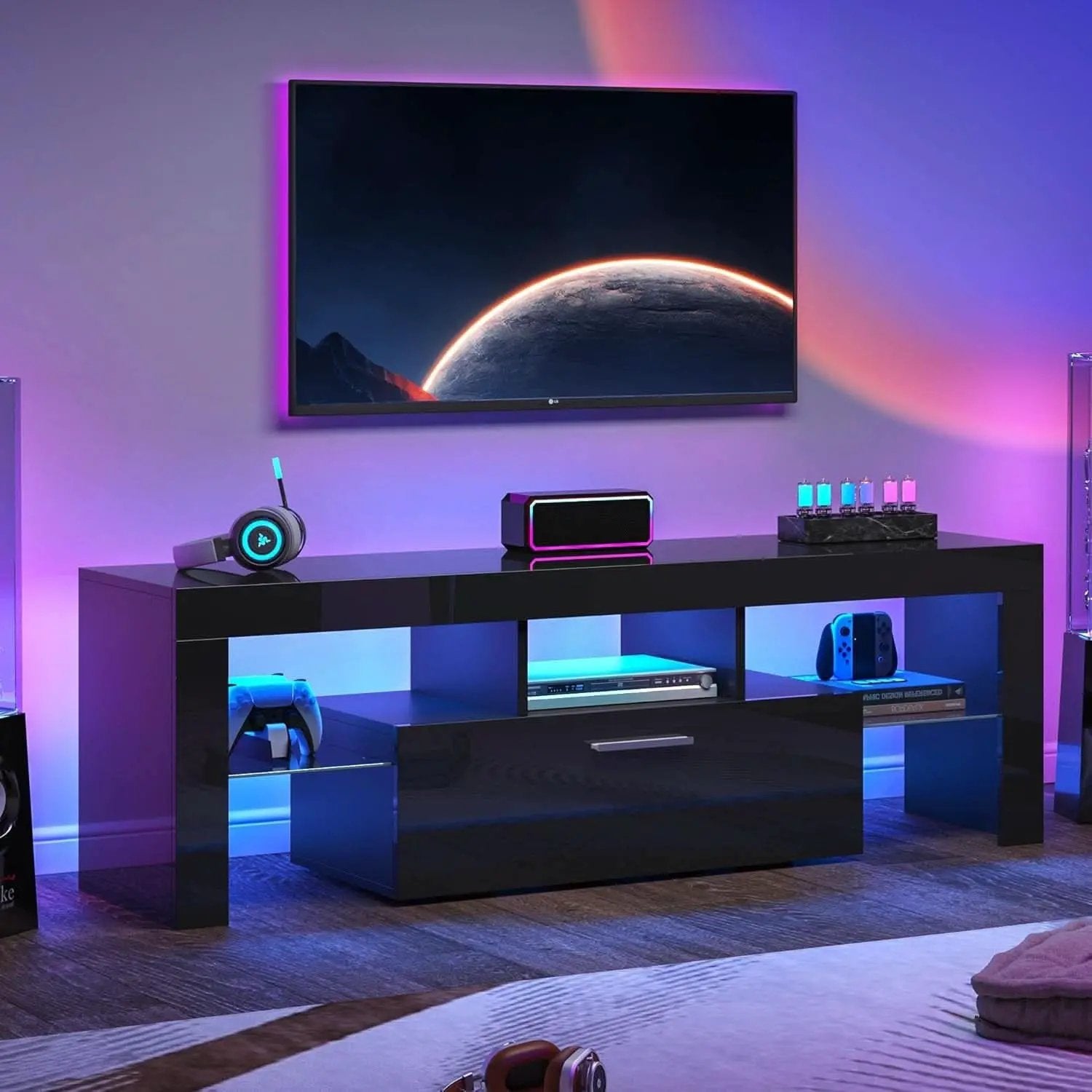 Black LED TV Stand With Large Storage Drawer For TVs Up To 55 Inches from PriceLows™