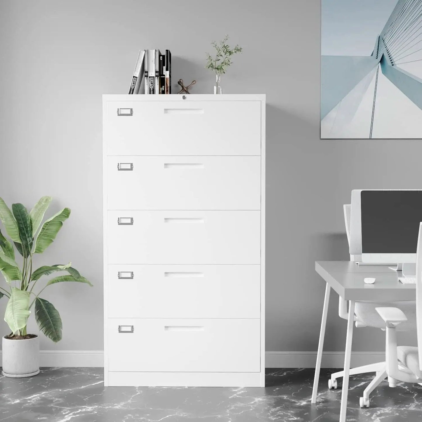 Lateral File Cabinet White 5 Drawer Lockable Office Storage from PriceLows™
