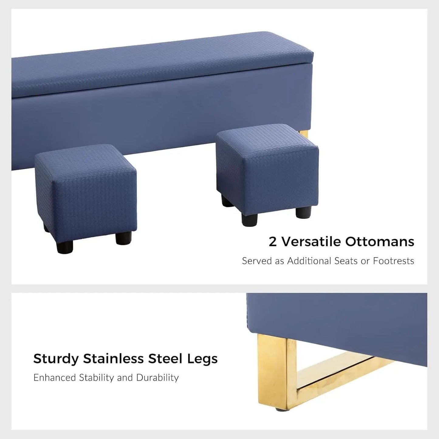 Navy Upholstered Storage Ottoman Bench With Hideaway from PriceLows™