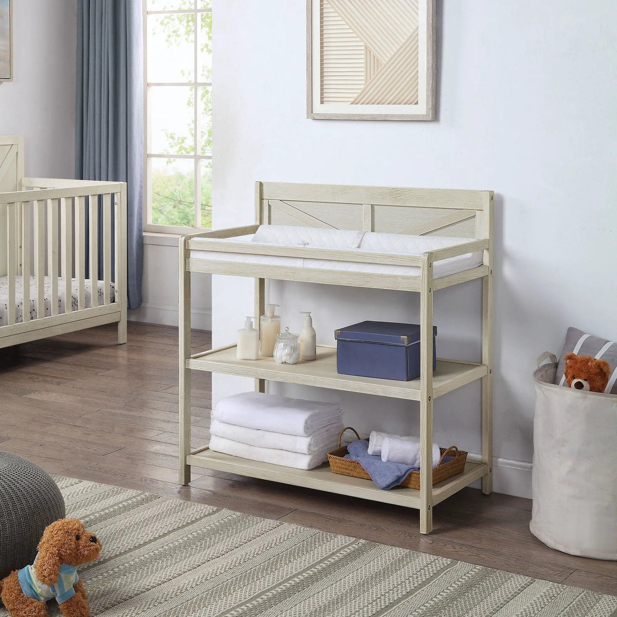 Barnside Changing Table | Vintage Style | 4 Side Rails | Two Storage Shelves