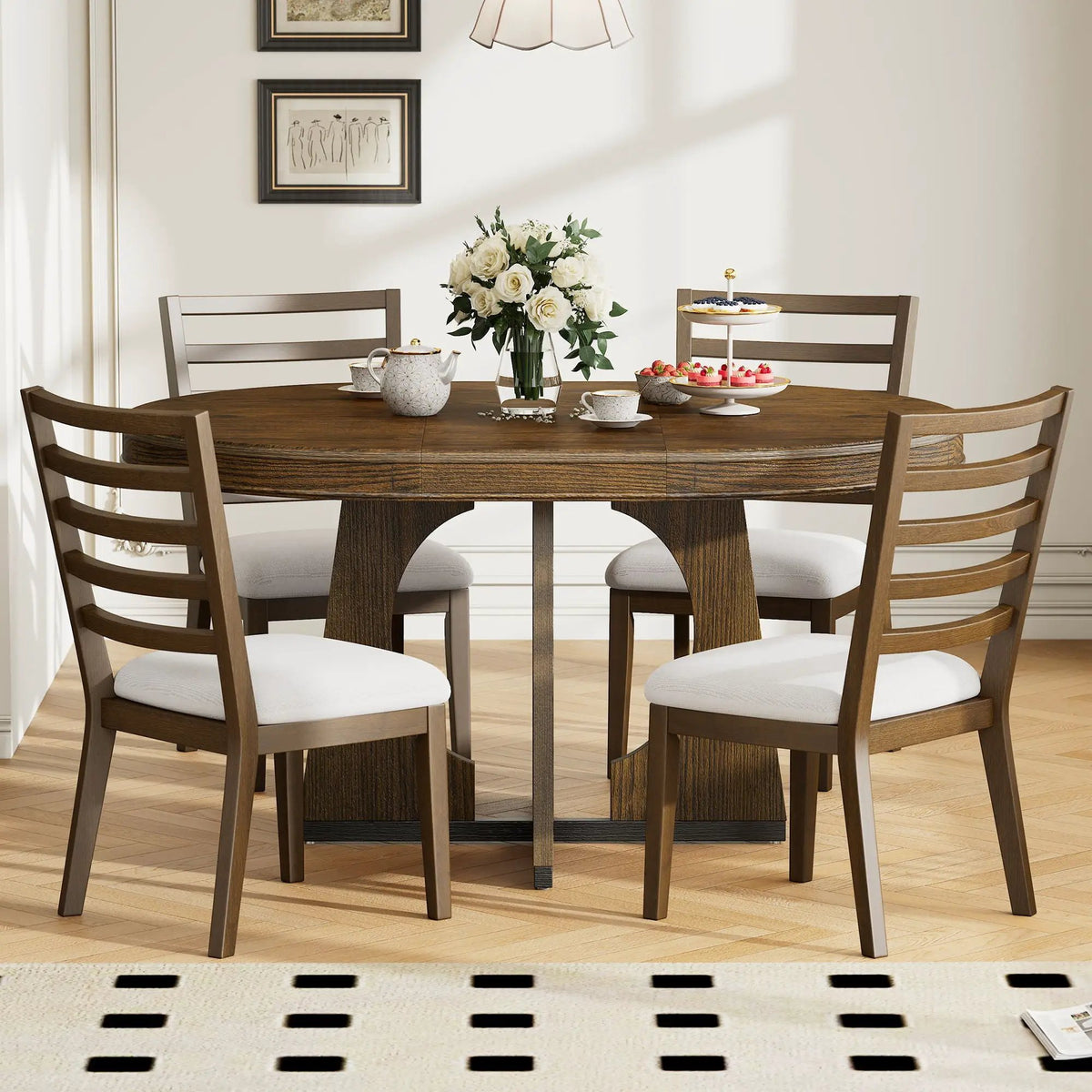 Round Dining Table Set | Extendable Top | 4 Chairs Included | 4 Seater