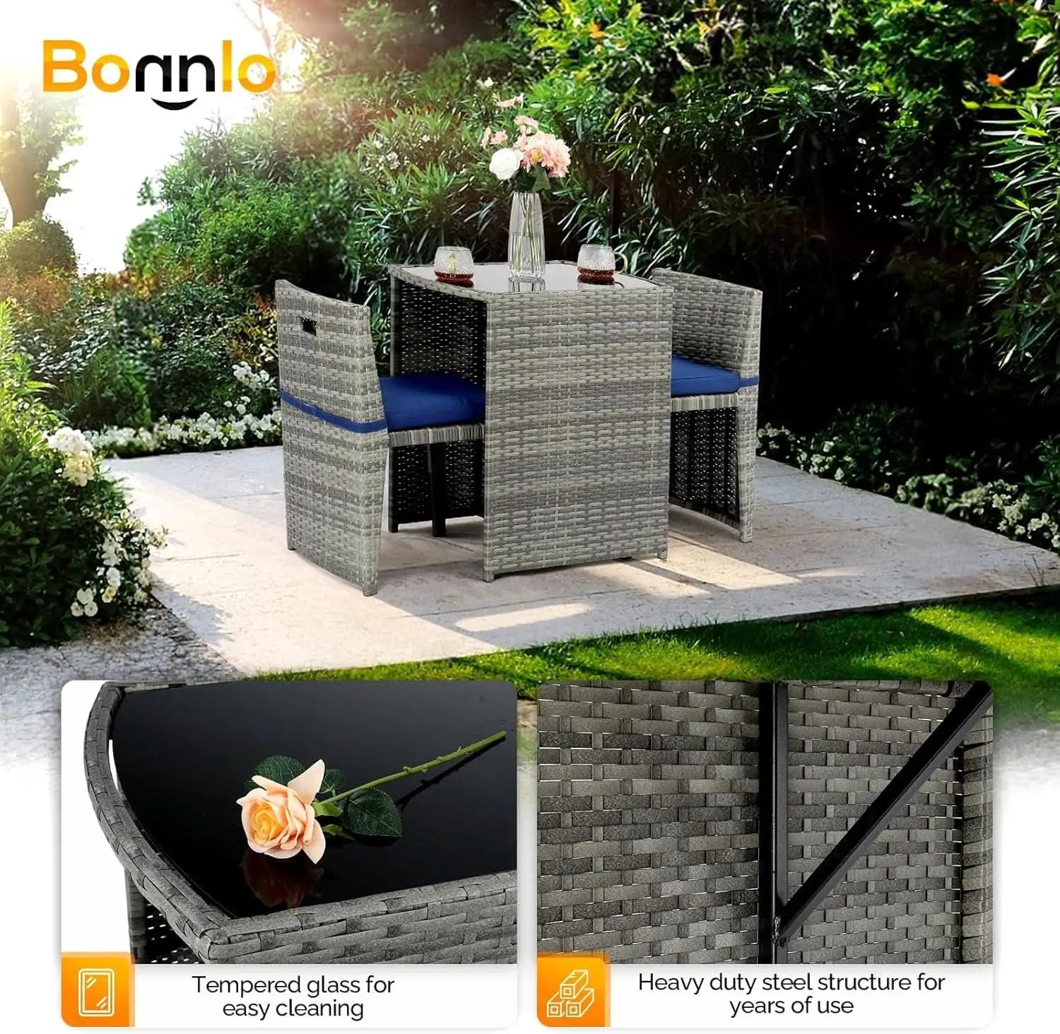 Grey Wicker Outdoor Patio Bistro Set With Glass Table from PriceLows™