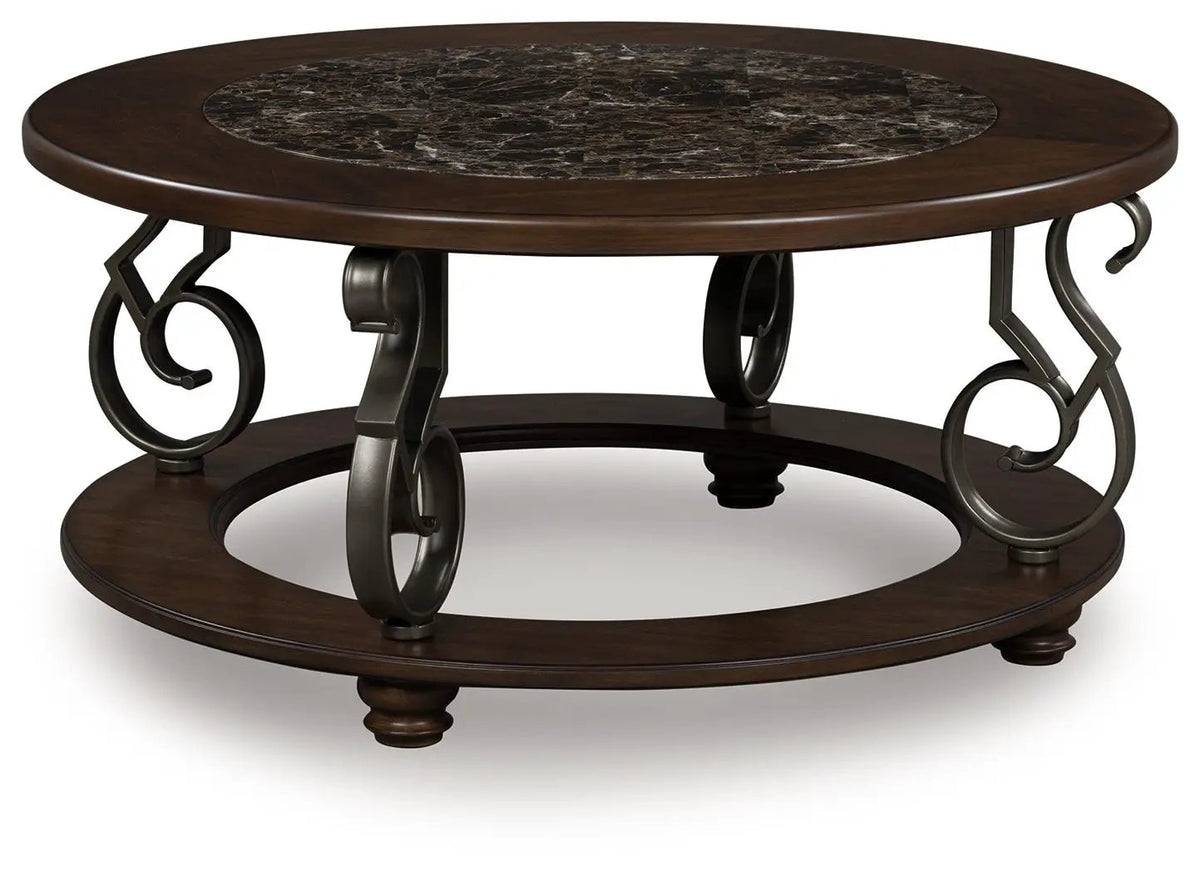 Frallyn Round Cocktail Table | Dark Brown | Faux Marble Laminate Top | 42 Inch Diameter
