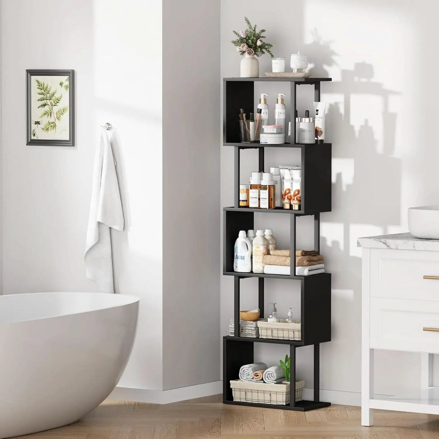 5 Tier S Shaped Bookcase Black Wood And Metal Livingroom from PriceLows™