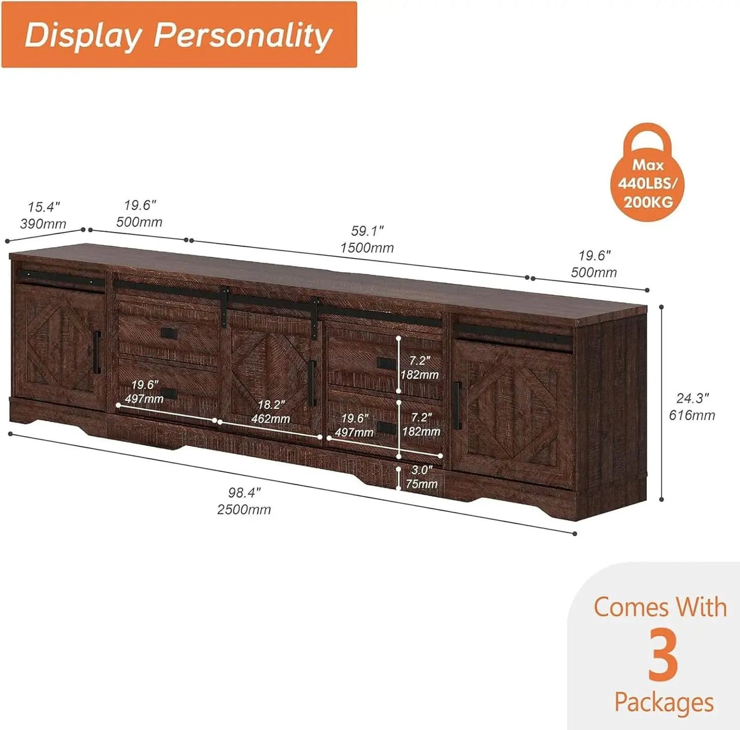 98.4 Inch Rustic Brown TV Stand With 4 Drawers And Shelves from PriceLows™