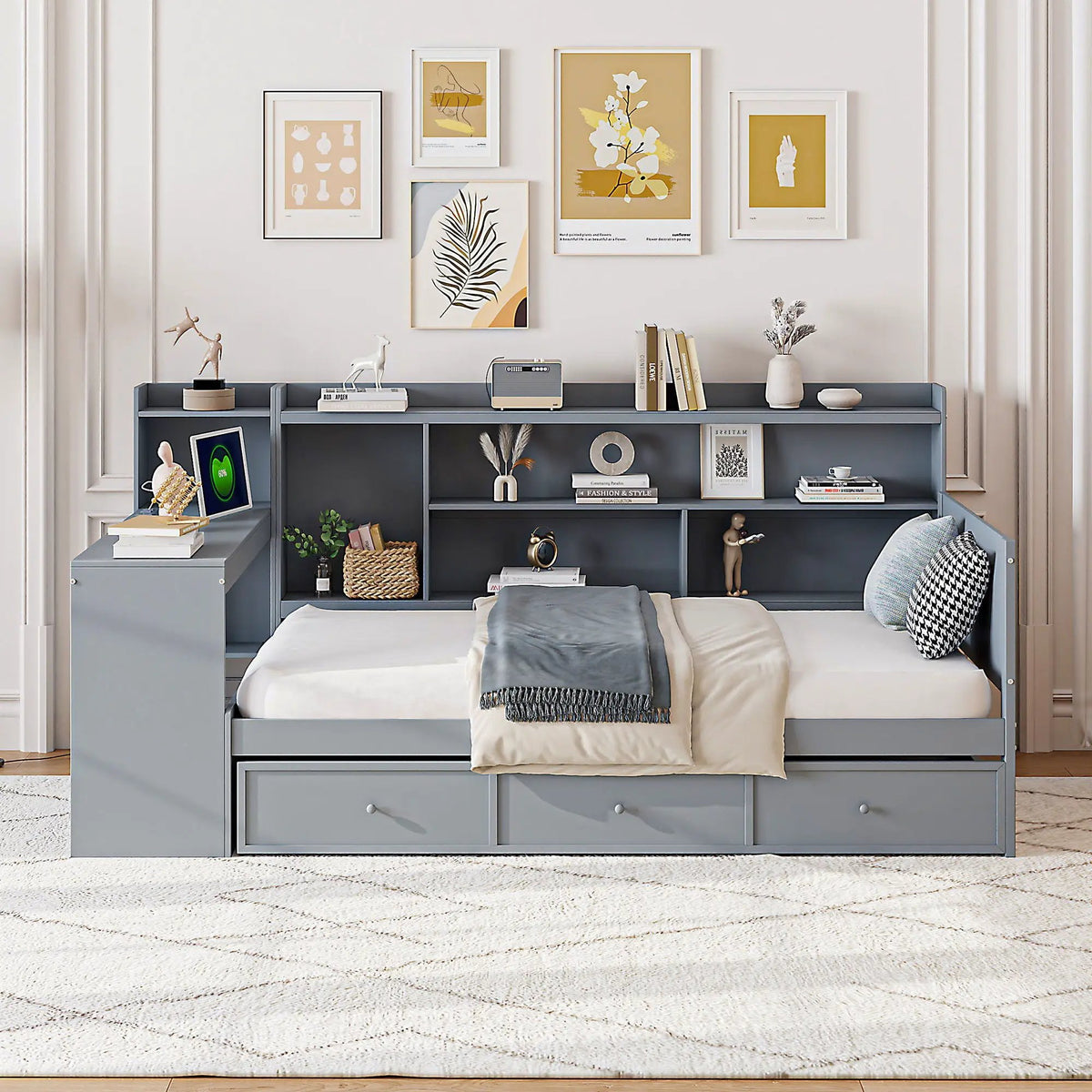 Pine Wood Daybed | 3 Drawers | USB Ports | Built-In Desk