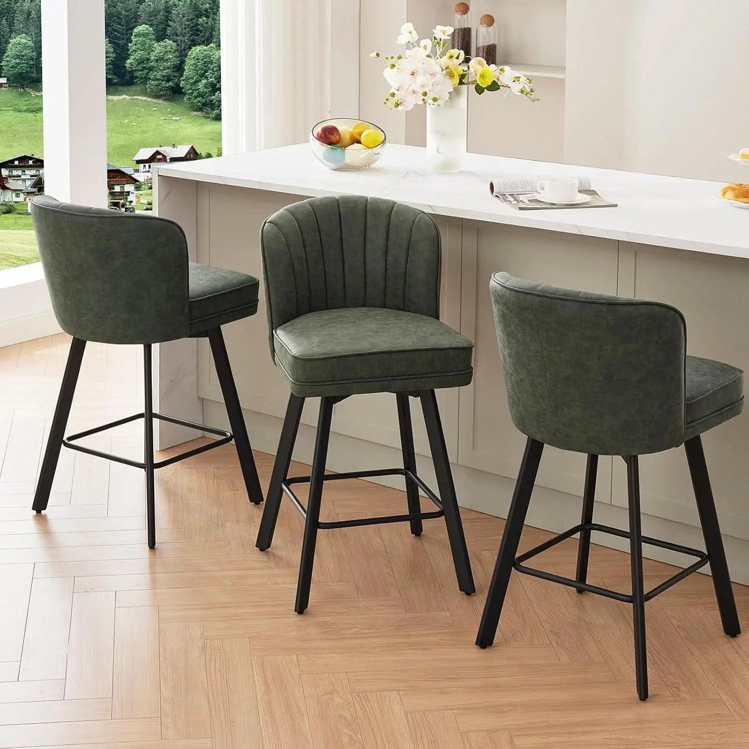 Swivel Counter Height Bar Stools Set of 4 26 Inch Green Faux Leather from PriceLows™