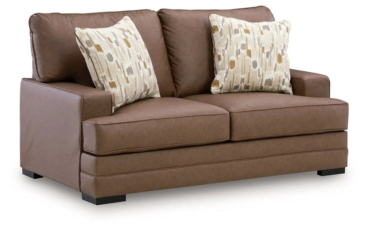 VillaCourt Loveseat | 67 x 40 x 38 in | Faux Leather & Wood | Caramel