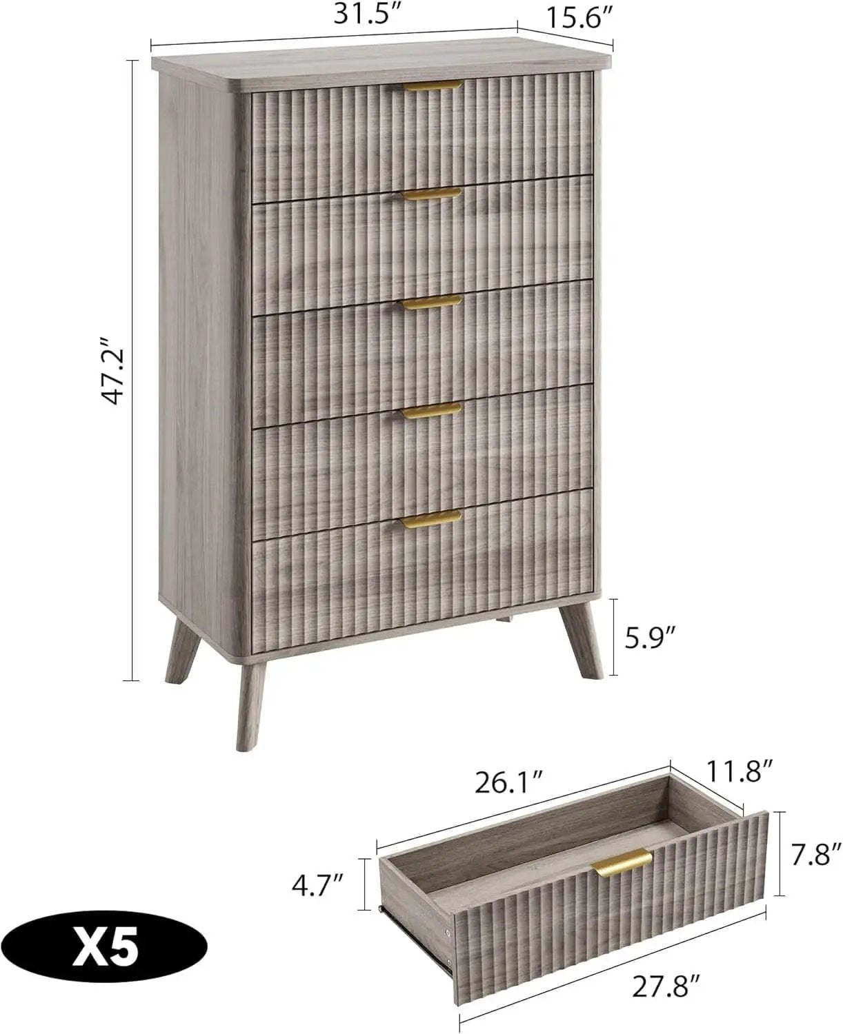 Grey Fluted Contemporary Five Drawer Bedroom Dresser from PriceLows™