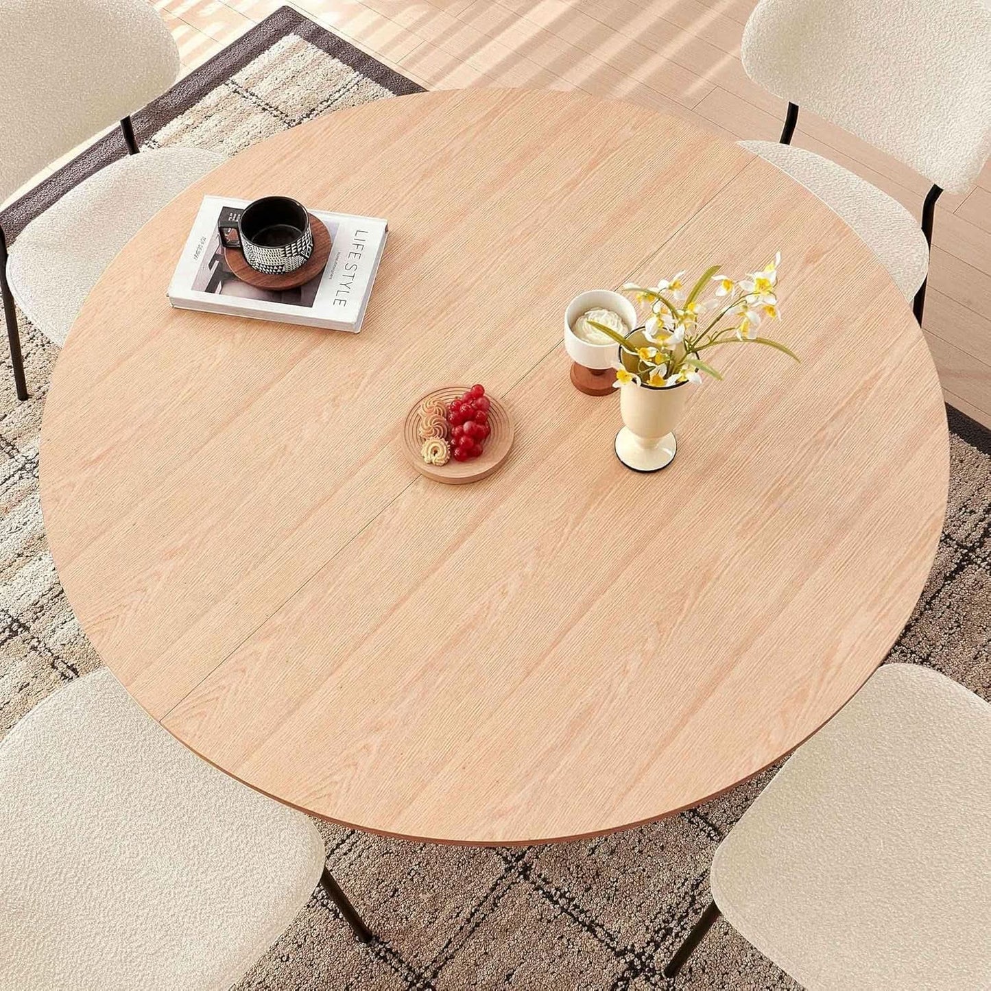 47 Inch Round Dining Table Set Beige Oak Boucle Padded Seating from PriceLows™