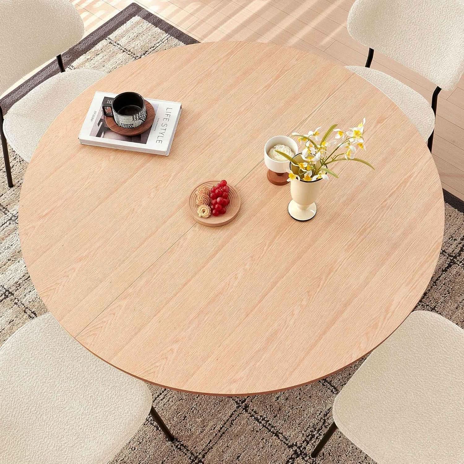 47 Inch Round Dining Table Set Beige Oak Boucle Padded Seating from PriceLows™