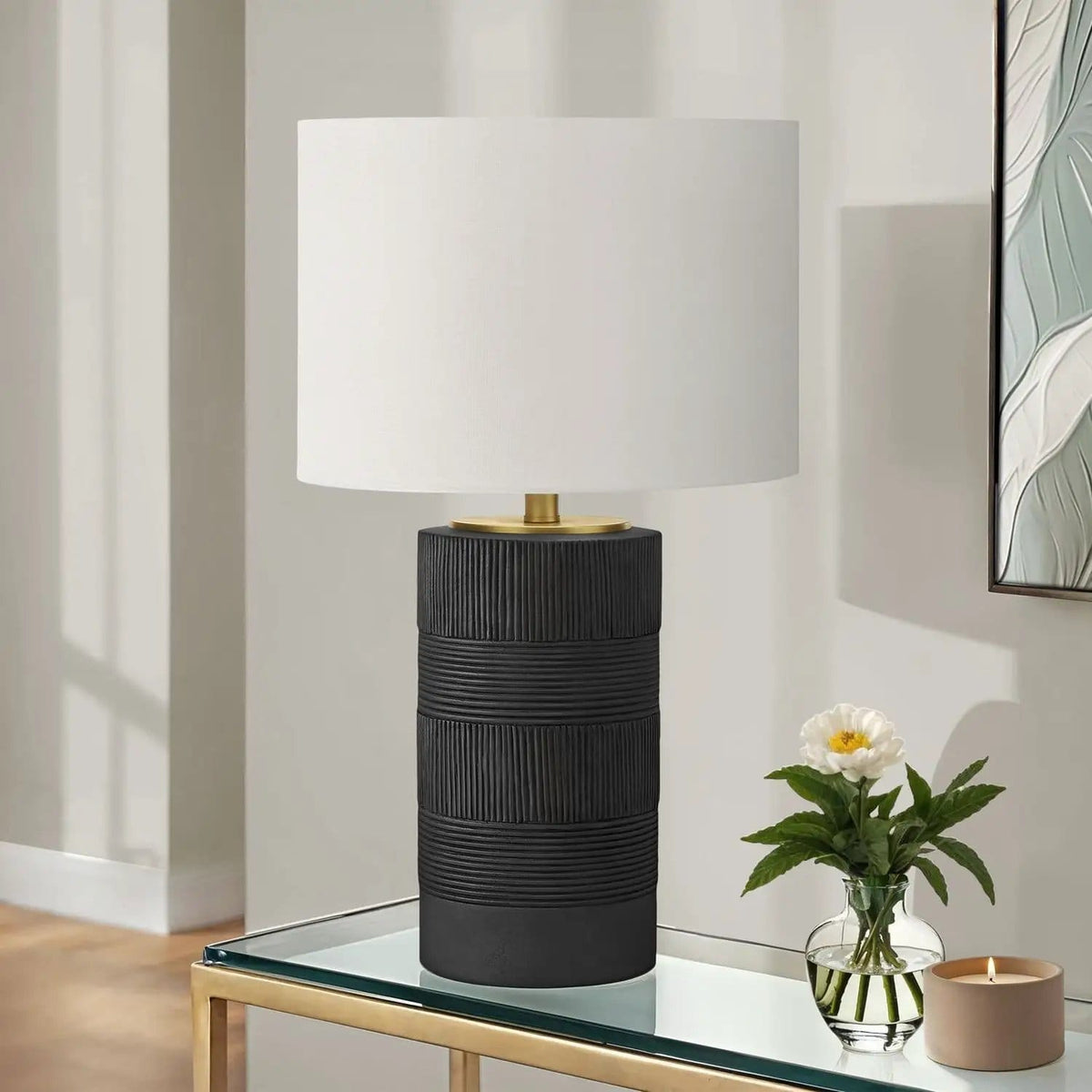 Table Lamp, Lighting, Resin, Contemporary Black / | 14 x 14 x 23.75 in | Fabric & Resin | Cream