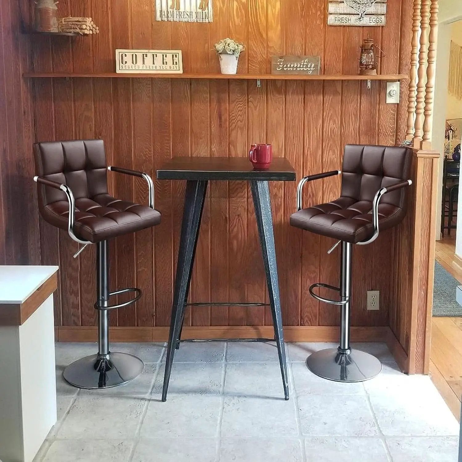 Adjustable Bar Stools Set Of 2 360 Swivel Brown PU Leather from PriceLows™