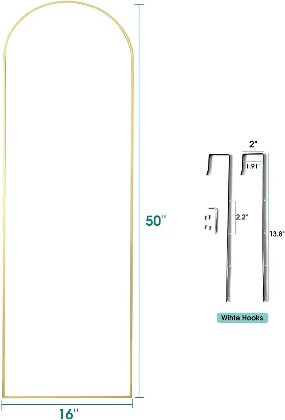 Gold Full Length Door Mirror 16x50 Inches Arched Over the Door from PriceLows™