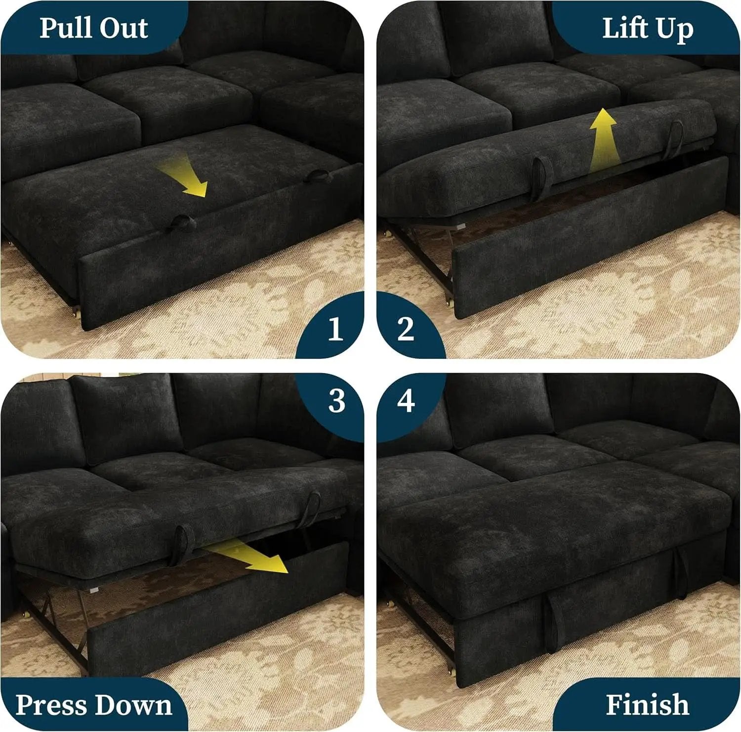 Black 83Inch Deluxe Sleeper Sectional Sofa With Storage from PriceLows™