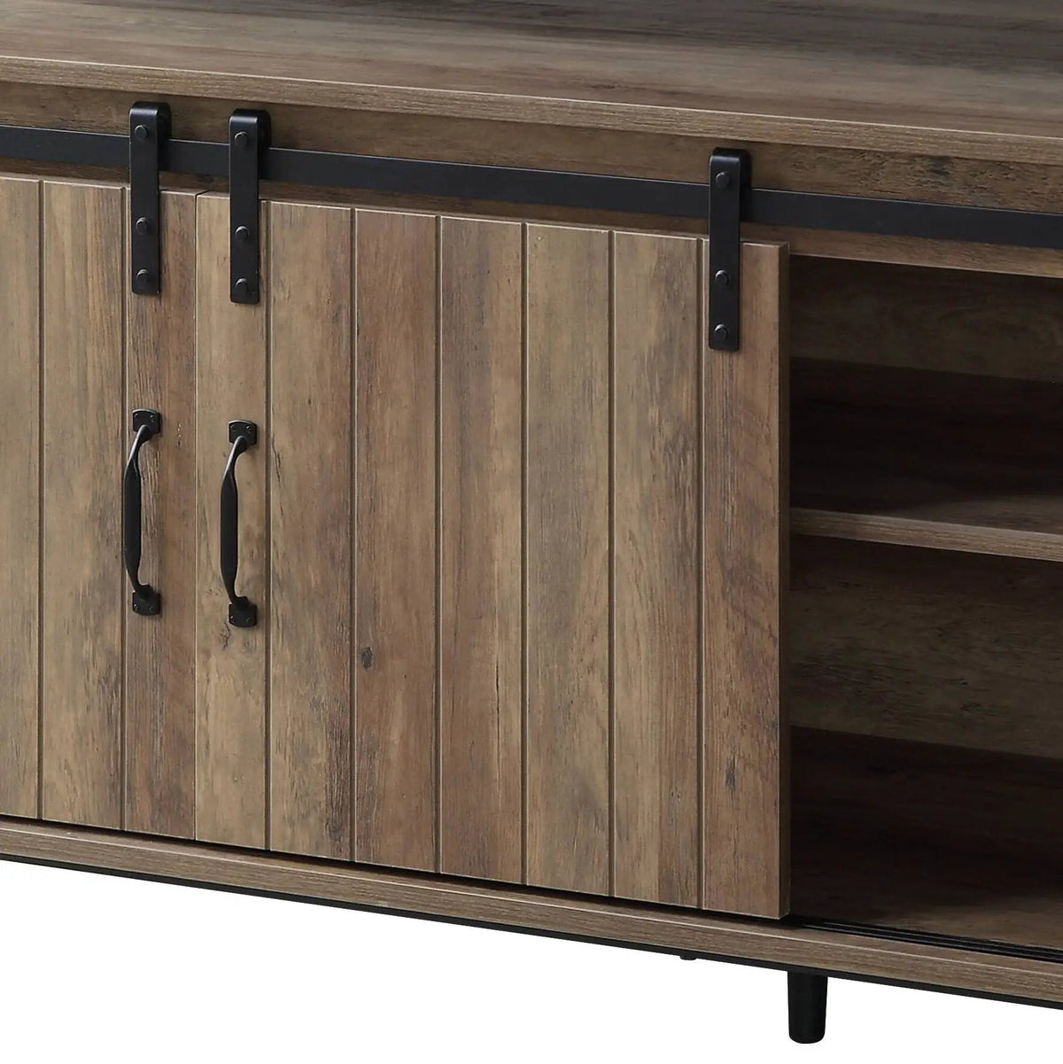 Rashawn Rustic TV Stand | Sliding Barn Doors | Oak Finish | Metal Frame And Composite Wood