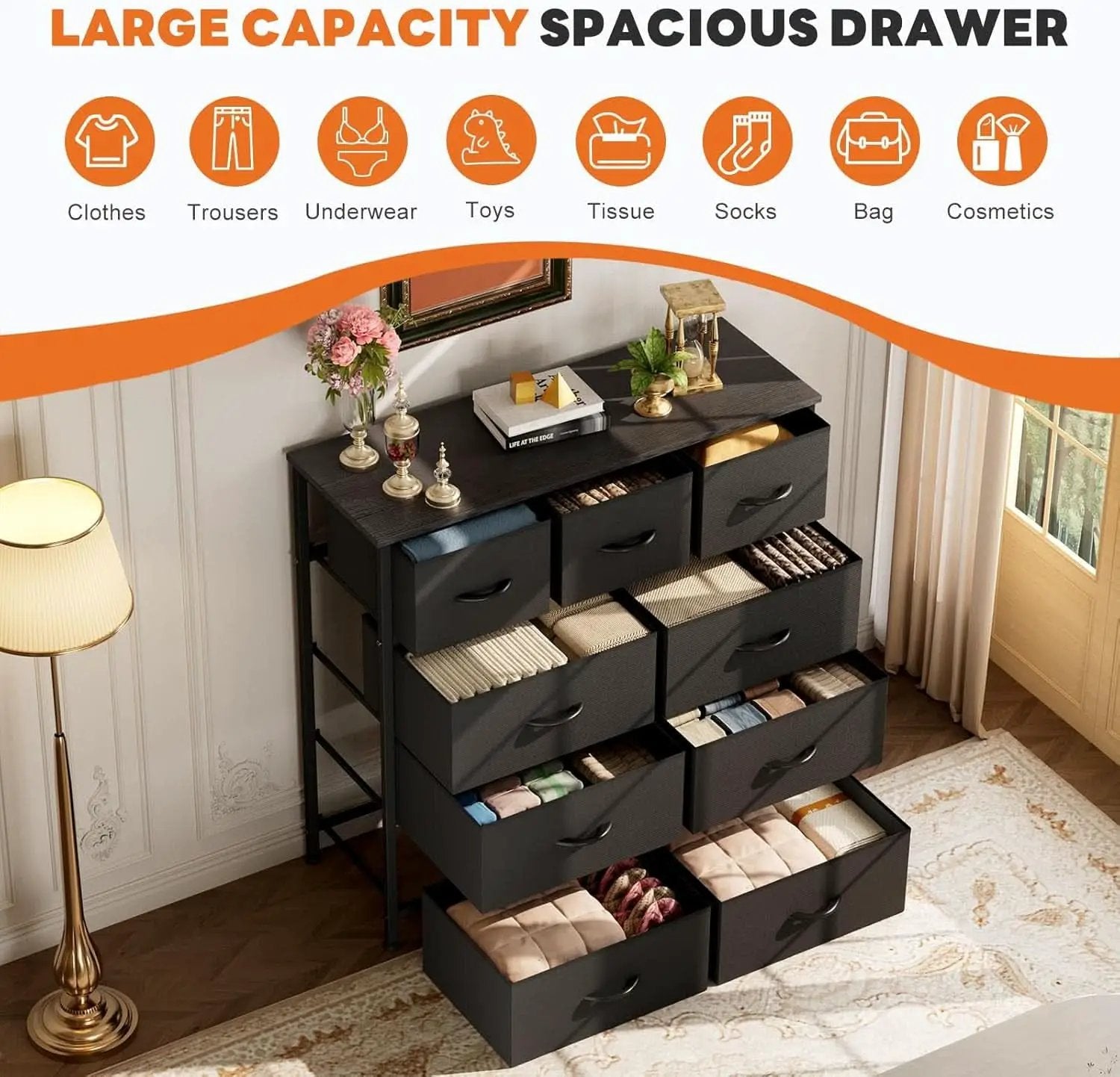 9 Drawer Black Dresser With Integrated Organization from PriceLows™