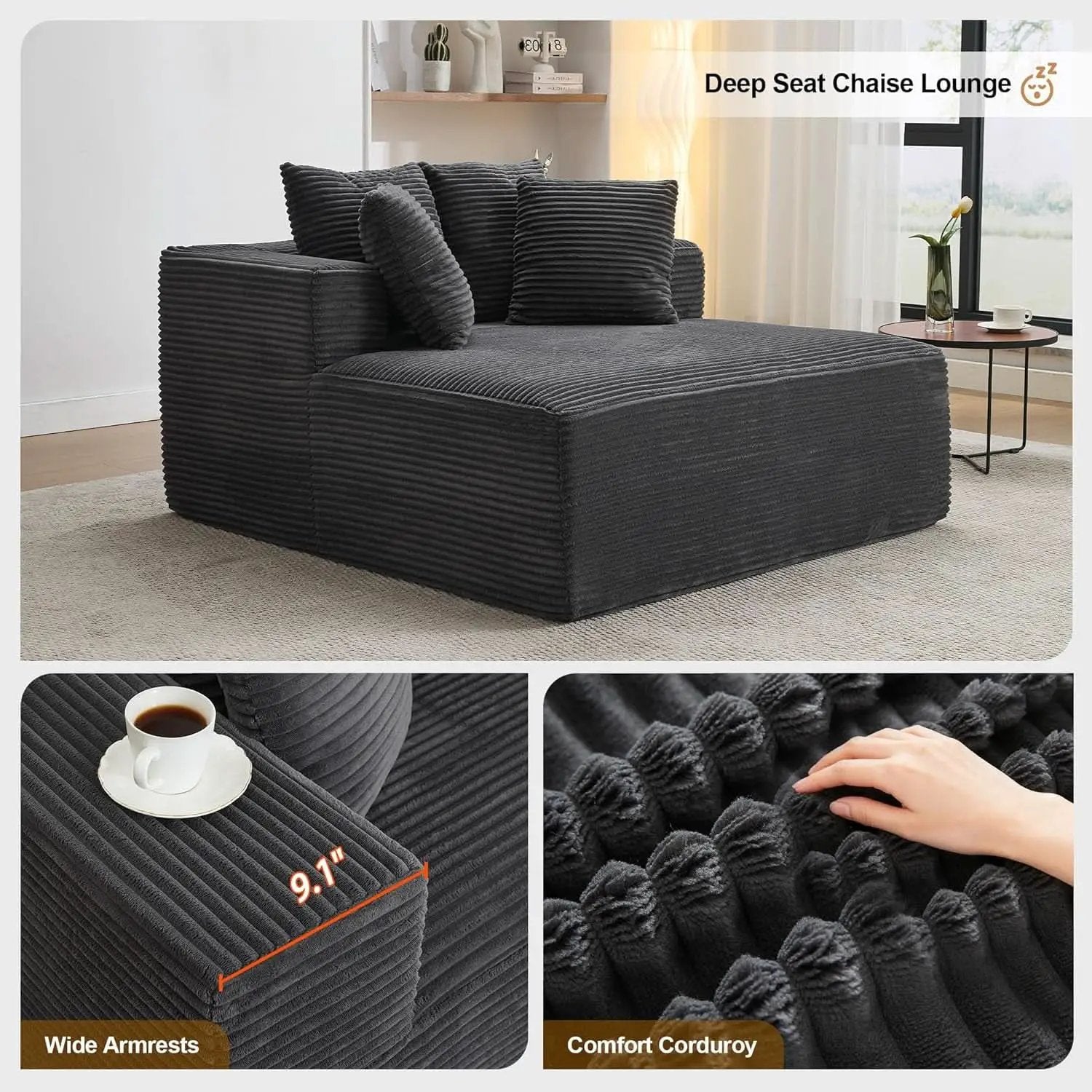 57Inch Luxuriously Plush Corduroy Chaise Lounge Grey from PriceLows™