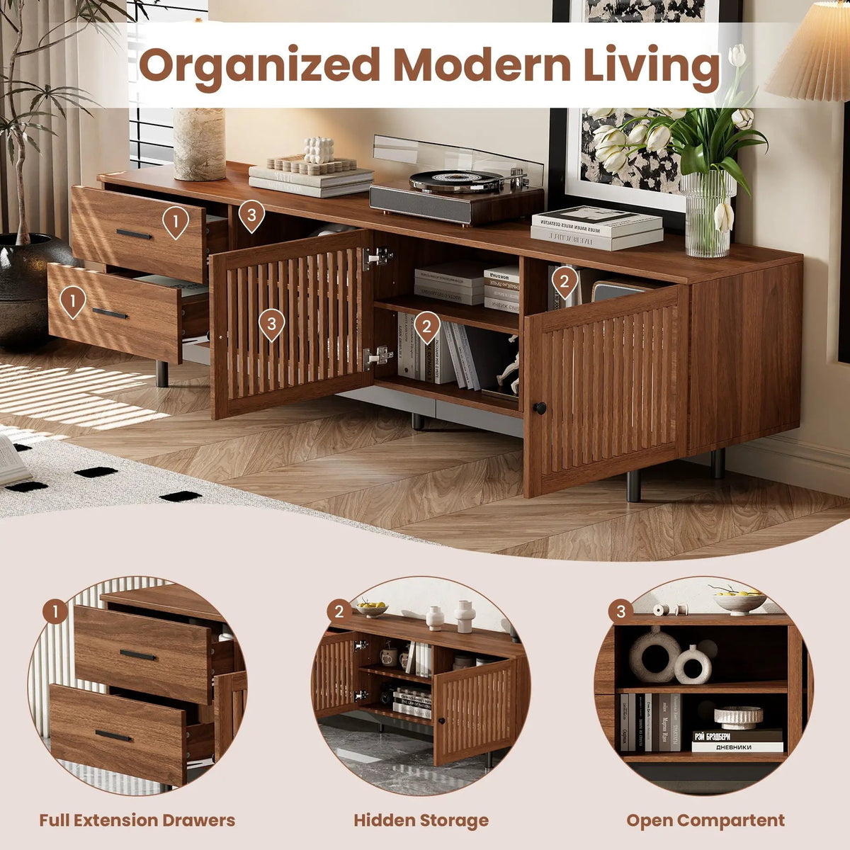 TV Stand | Adjustable Shelves | Cable Management | Walnut
