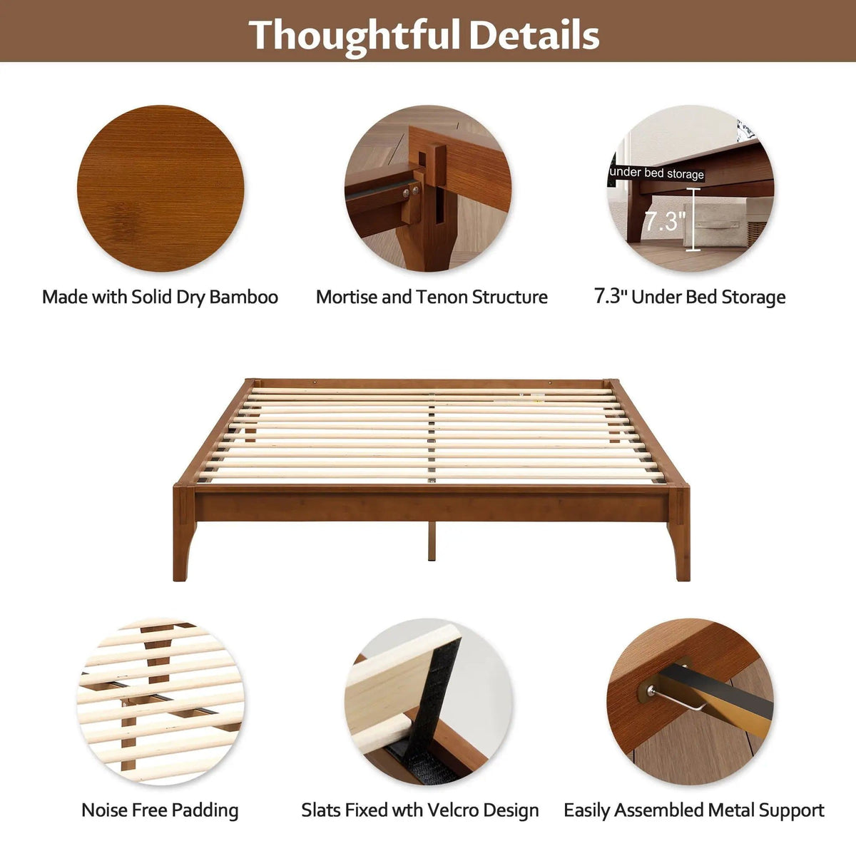Solid Dry Bamboo Platform Bed Frame, With Slat Support | 6 Pieces | Bamboo | Bedroom